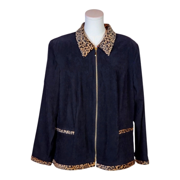 Jessica Howard Y2K Leopard Trim Black Zip Jacket Size 20W Plus Size - Picture 1 of 7